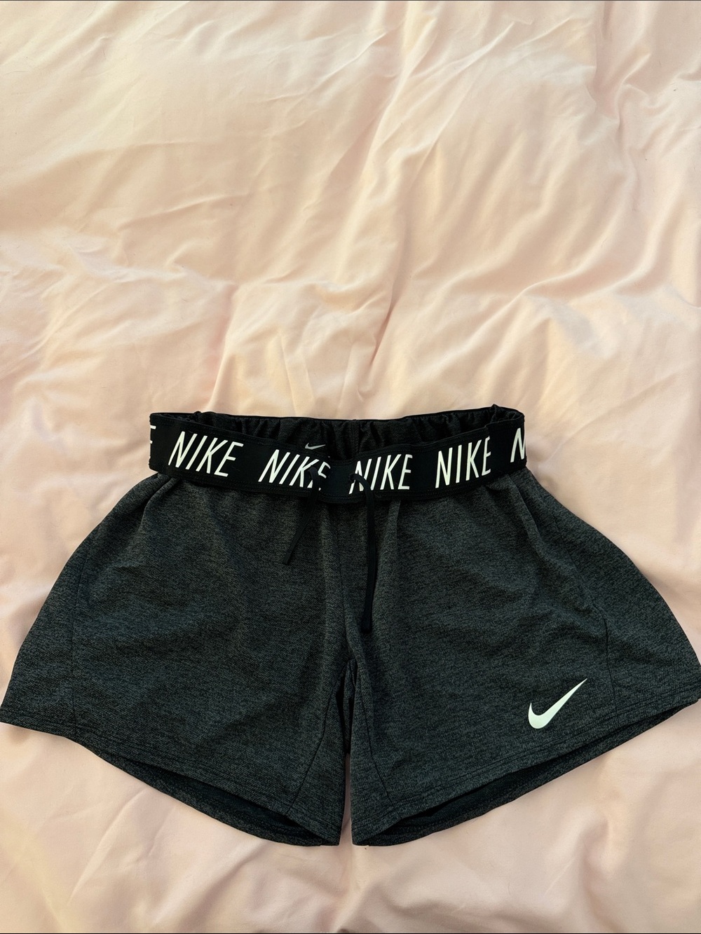 Nike Dri-Fit Women's Dark Gray Athletic Shorts with White Swoosh